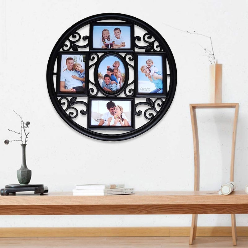 MKUN 2Pack of 4x6 Wall Photo Collage Frames - Round Circular Circle Wall Hanging Picture Collage Frame with Leaf Decoration, 5- Opening (Black) - Image 5